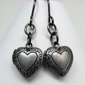 Heart Locket Earrings in Gunmetal - Black Heart Earrings, Locket Earrings, Steampunk Earrings, Valentine's Day Gift, Lolita Earrings