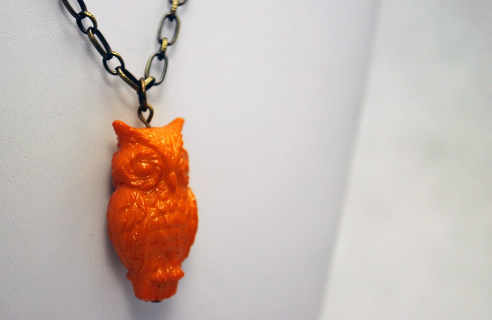 Sunset Orange Owl Necklace in Antique Brass - Vintage Lucite Necklace, Limited Edition Necklace, Woo