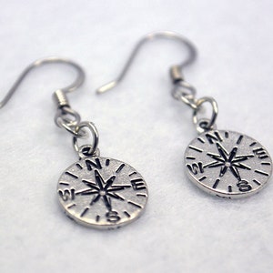 Compass Rose Earrings in Silver - Adventure Jewelry, Nautical Jewellery, Travel, Explore, Outdoors, Hiking, Camping, Orienteering, Map
