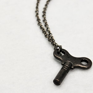Winding Key Necklace in Gunmetal - Black Winding Key, Black Key Necklace, Clock Key Necklace, Toy Key Necklace, Black Steampunk Necklace