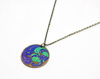 Painted Peacock Necklace in Purple, Blue, Green, and Antique Brass - Brass Peacock Necklace, Peacock Jewelry, Peacock Pendant, Bird Necklace