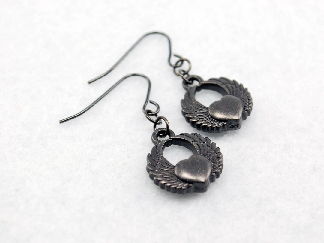 Black Winged Heart Earrings Black Flying Heart Earrings Etsy
