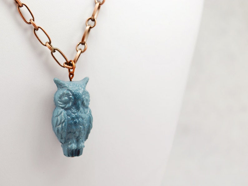 Blue Twilight Owl Necklace in Antique Copper Blue Owl Necklace, Vintage Lucite Owl Necklace, Blue Bird Necklace, Limited Edition Necklace image 1