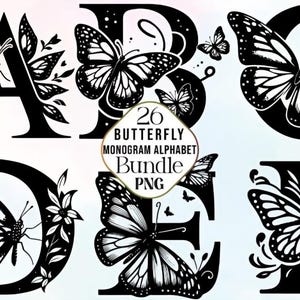 Letras del alfabeto de mariposas PNG - Fuente de monograma con mariposas, clipart de letras florales, diseño de sublimación para camisetas, pegatinas y vasos