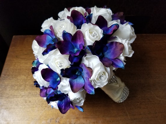 Bridesmaids Bouquet Choose Your Own Orchid Blue Purple Galaxy Orchids And White Cream Roses With Hydrangea Bouquets Weddings Valresa Com