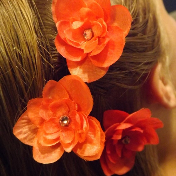 SALE! Ready to ship, set of three Coral hydrangea bloom and crystal accent, bobby pins, wedding, prom, special occasion, hair accessories