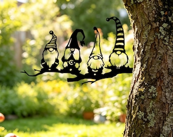 Gnome Family on Branch Metal Sign, Tree Branch Gnome Silhouette Decor, Cute Outdoor Tree and Fence Metal Art, Rustic Yard and Garden Accent