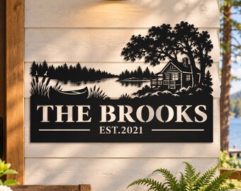Custom Name Lake Cabin Metal Sign, Personalized Lakeside Cottage Wall Art, Rustic Outdoor Porch Wall Decor, Housewarming Gift