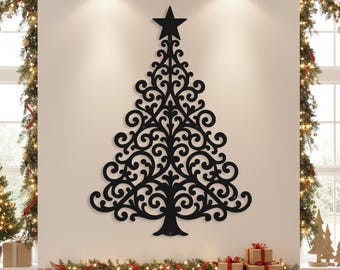 Filigree Christmas Tree Metal Wall Sign, Rustic Farmhouse Holiday Decor, Intricate Swirl Design Silhouette Art, Festive Decor For Home&Porch