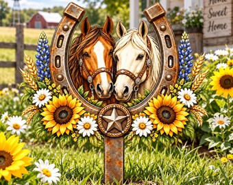 2D Flat Horseshoe Metal Yard Stake, Two Horses Sunflower Metal Sign, Rustic Ranch Decor, Farmhouse Lawn Art, Western Farm Decor