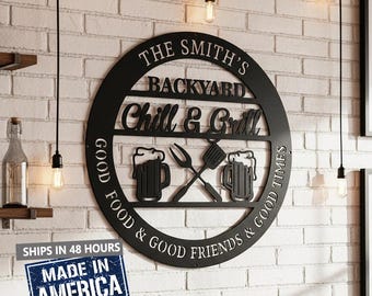 Custom "Chill & Grill" Metal Sign,Personalized Backyard Bar Decor,Rustic Outdoor Man Cave Signage,Personalized Outdoor Kitchen Metal Plaque