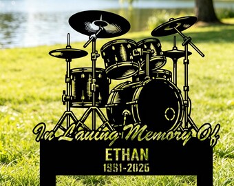Personalized Drum Set Memorial Metal Stake, In Loving Memory Drummer Grave Marker,Custom Drummer Memorial Garden Sign, Drummer Sympathy Gift