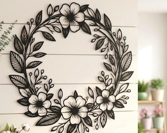 Metal Wildflower Wreath Wall Art,Garden Decor for Plant Lover and Gardener,Boho Metal Wildflower Wreath Wall Art,Metal Wildflower GardenSign