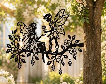 Fairy Couple On Branch Metal Tree Decor, Garden Fence Metal Art, Whimsical Outdoor Tree Art, Backyard Sign, Wedding Gift For Couple