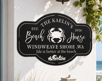 Custom Crab Beach House Metal Sign, Personalized Family Name Coastal Wall Art, Nautical Ocean Decor, Outdoor Shore Sign, Housewarming Gift