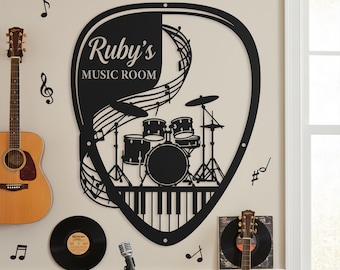 Personalized Music Room Metal Sign, Custom Name Drum Piano Note Wall Art, Guitar Pick Shaped Music Studio Decor, Gift for Musician Drummer