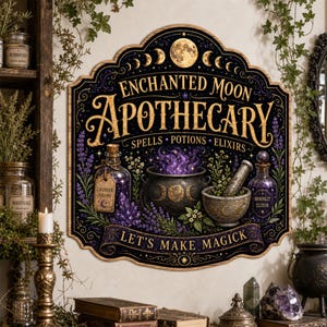 May include: A decorative wall sign featuring the text Enchanted Moon Apothecary, Spells, Potions, Elixirs, and Let's Make Magick. The design includes a full moon, lunar phases, a cauldron with purple smoke, glass bottles, and lavender sprigs.