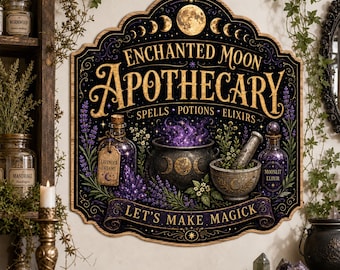 Enchanted Moon Apothecary Metal Sign, Witchy Potion Cauldron Wall Art, Mystical Moon Phase Decor, Dark Cottagecore Herbal Wall Art