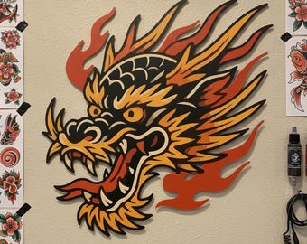 Burning Dragon Head Metal Wall Sign, Old School Traditional Tattoo Flash Wall Decor, Tattoo Studio Metal Plaque, Tattoo Artist Gift