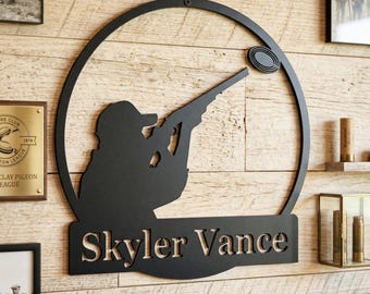 Custom Clay Pigeon Shooting Metal Sign,Personalized Trap Shooting Name Wall Art for Gun Club,Shooter Name Plaque with Flying Target Design