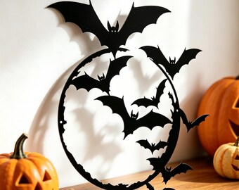 Bat On the Moon Metal Wall Art,Halloween Bat Sign for Spooky Decor,Gothic Bat Moon Metal Wall Hanging,Halloween Bat Metal Wall Art with Moon