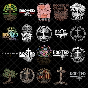 Puede incluir: Una colección de diseños gráficos con la frase "Rooted in Christ", con ilustraciones de árboles y cruces. Los diseños incluyen patrones florales, imágenes de la bandera estadounidense y referencias bíblicas sobre un fondo negro.