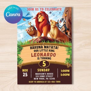 Invito di compleanno modificabile a tema Simba de Il Re Leone, biglietto d'invito digitale a tema Il Re Leone, invito modificabile a tema Simba della giungla