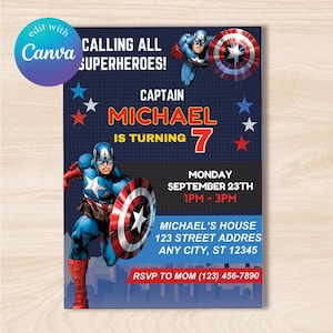 May include: A blue and red birthday invitation featuring Captain America. The invitation says "Calling all superheroes!" and "Captain Michael is turning 7". It also includes the date, time, and location of the party.