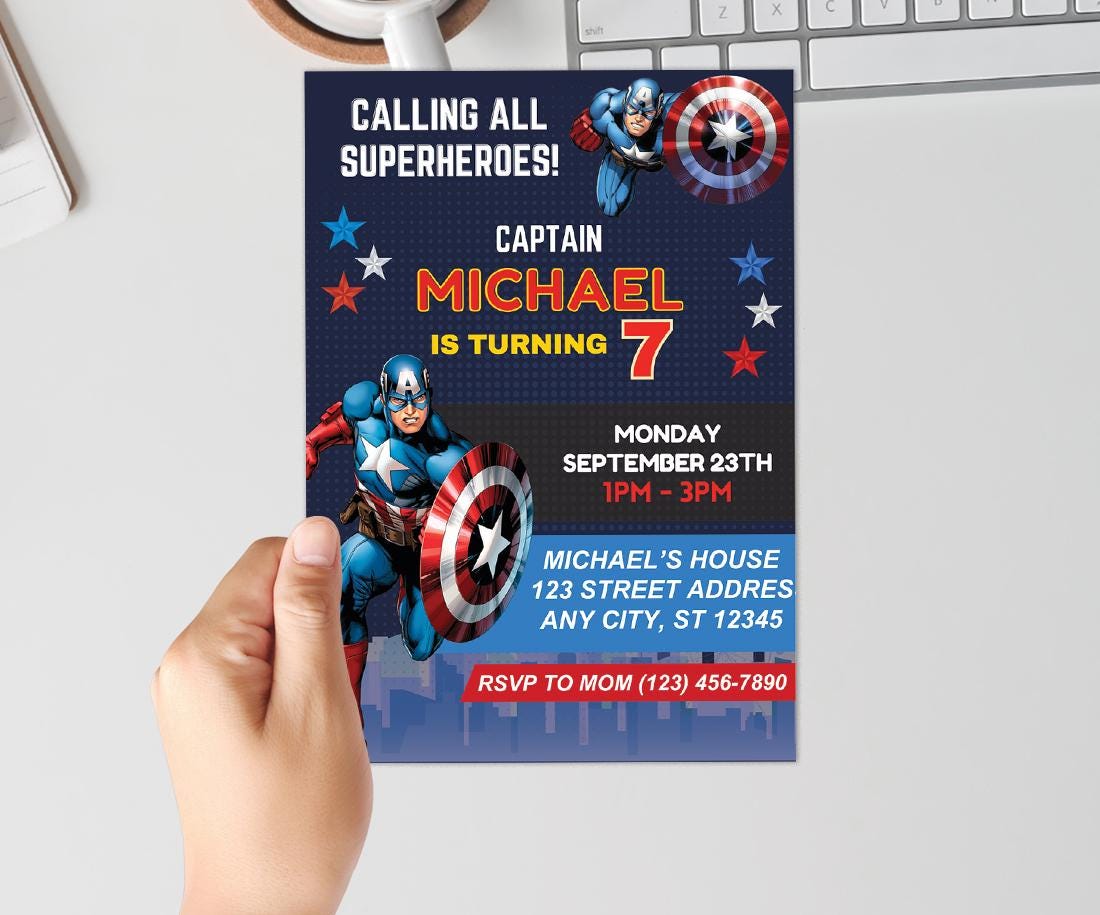 Superhero Captain America Birthday Invitation Editable Canva Template ...