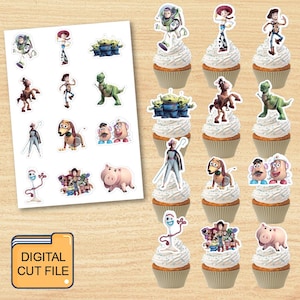 May include: A sheet of stickers and cupcakes decorated with characters from the animated film Toy Story. The stickers include Buzz Lightyear, Woody, and other characters. The cupcakes have white frosting and character toppers. The text "DIGITAL CUT FILE" is visible.