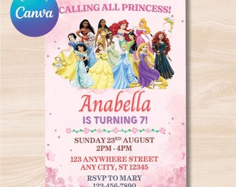Invito di compleanno a tema principessa magica, invito di compleanno per ragazze, invito per festa di principessa, modello Canva modificabile, invito stampabile