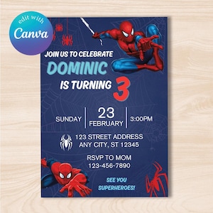 スパイダーマンの編集可能な誕生日招待状、楽しいスパイダーマンパーティー招待状、Canvaで簡単に編集、すぐにダウンロード