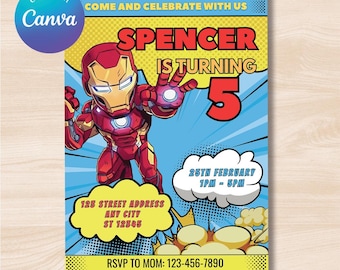Iron Man verjaardagsuitnodiging bewerkbare canvassjabloon, afdrukbare Ironman verjaardagsfeestje uitnodigen, bewerkbare uitnodiging digitaal afdrukbaar bestand