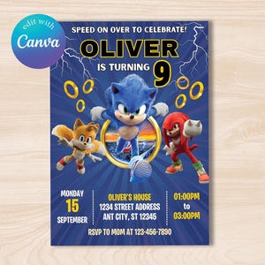 Editable Sonic the Hedgehog Birthday Party Invitation, Super Hedgehog Boys Party Invite, Printable Birthday Party Invitations