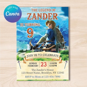 Invitation d'anniversaire modifiable The Legend of Zelda, invitation de joueur vidéo, fête d'anniversaire, jeu sur invitation, invitation téléchargement numérique
