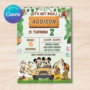 Mickey Mouse Safari Birthday Invitation, Kids Birthday Invitation Template Editable Printable, Editable Invitation in Canva
