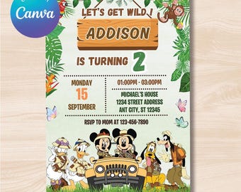 Mickey Mouse Safari Geburtstagseinladung, Kindergeburtstag Einladung Vorlage bearbeitbar druckbar, bearbeitbare Einladung in Canva