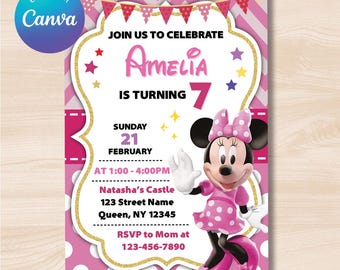 Redigerbar rosa Minnie Mouse födelsedagsinbjudan, mall för flickfödelsedagsinbjudan, utskrivbar inbjudan, flick-Minnie-inbjudningar