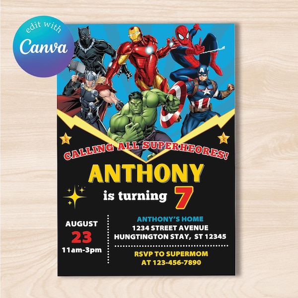 Avengers Party Editable Superheroes Birthday Invitation Template, Printable Superheroes Birthday Party Invitation Kids, Canva template