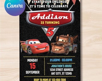 Cars Birthday Invitation | Lightning McQueen Invitation, Editable Kids Birthday Invitation, Personalized Canva Printable Digital Invitation