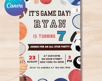 Editable Sport Birthday Invitation, Sport Theme Invite, Sport Birthday Party, ALL STAR SPORTS Invitation, Sports Birthday Template