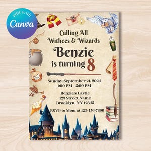 Bewerkbare Wizards heksen verjaardagsuitnodiging, magische verjaardagsuitnodiging, Magic School Wizardry verjaardagsfeestje, afdrukbare sjabloon digitaal