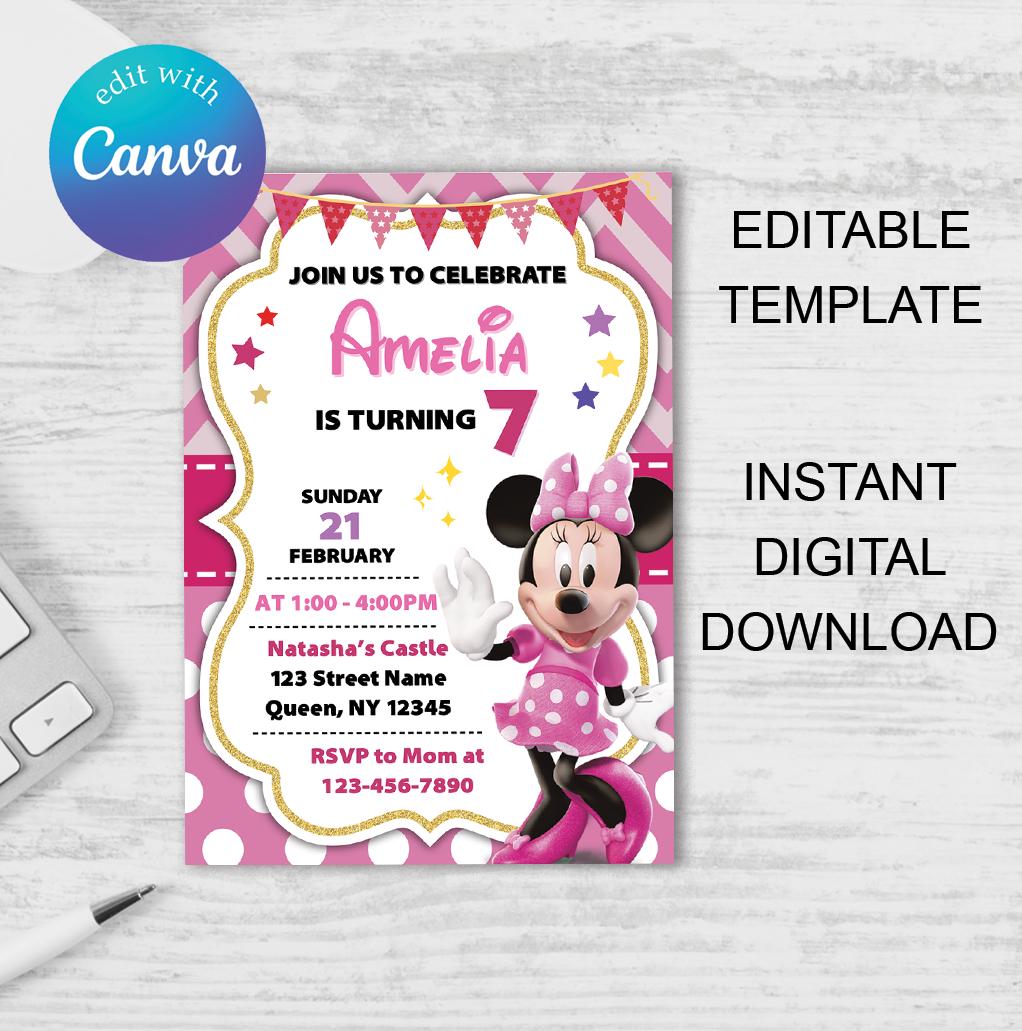 Editable Pink Minnie Mouse Birthday Invitation, Girls Birthday ...
