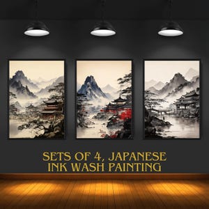 Japanische Tinte Wash Malerei, Wandbild, Serene Sumi-e, Neblige Berge & Hütten Zen, minimalistische Wohnwand, druckbare Wandkunst