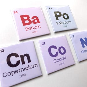 May include: Five square magnets featuring the chemical symbols and names of the elements Barium, Polonium, Cobalt, Nitrogen, and Copernicium. The magnets are white with purple, blue, red, and black lettering.