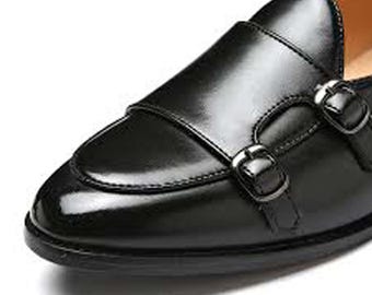 Handgefertigte belgische Monk-Strap-Schuhe aus echtem Kalbsleder in Schwarz