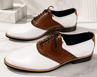 Handmade brown White Original Calf Leather Derby Shoes