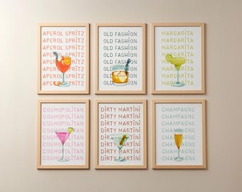Conjunto de pôsteres de arte retrô para coquetéis, decoração para carrinho de bar (download digital)