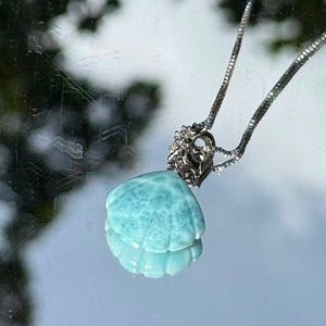 May include: A light blue, shell-shaped Larimar pendant suspended from a thin silver chain. The stone features a marbled, sky-blue pattern with white veining. The pendant is attached to a small, silver-toned metal bail with clear accents.