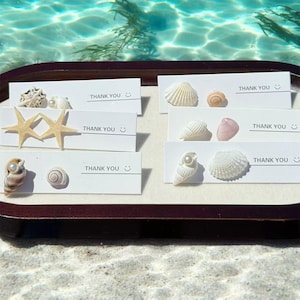 May include: A tray of white cards with seashells and starfish. Each card has the text "THANK YOU" and a smiling face. The seashells are various shapes and colors, including white, tan, and pink. The tray is brown and sits in front of clear water.